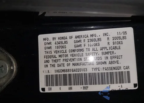 2006 Honda Accord 3.0 Ex z USA, uszkodzony, nr VIN 1HGCM66816A020103